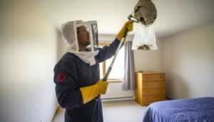 Professional wasp technician carefully removes a hornet nest from a residential bedroom, using specialized tools while wearing full protective gear including gloves, goggles, and a net suit to ensure safe and precise indoor nest removal.