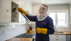 Professional wasp technician carefully removes a hornet nest from a residential or commercial kitchen, wearing full protective gear including gloves, goggles, and a net suit, ensuring safe and precise insect removal.