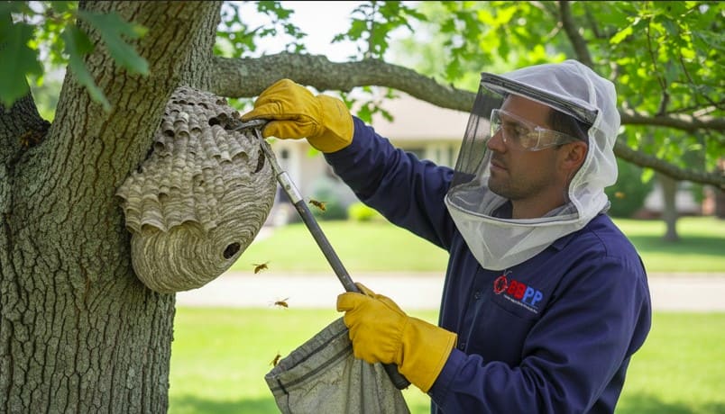 Professional wasp technician carefully removes a hornet nest from a tree at a residential or commercial property, wearing full protective gear including gloves, goggles, and a net suit to ensure safe and precise outdoor nest removal.